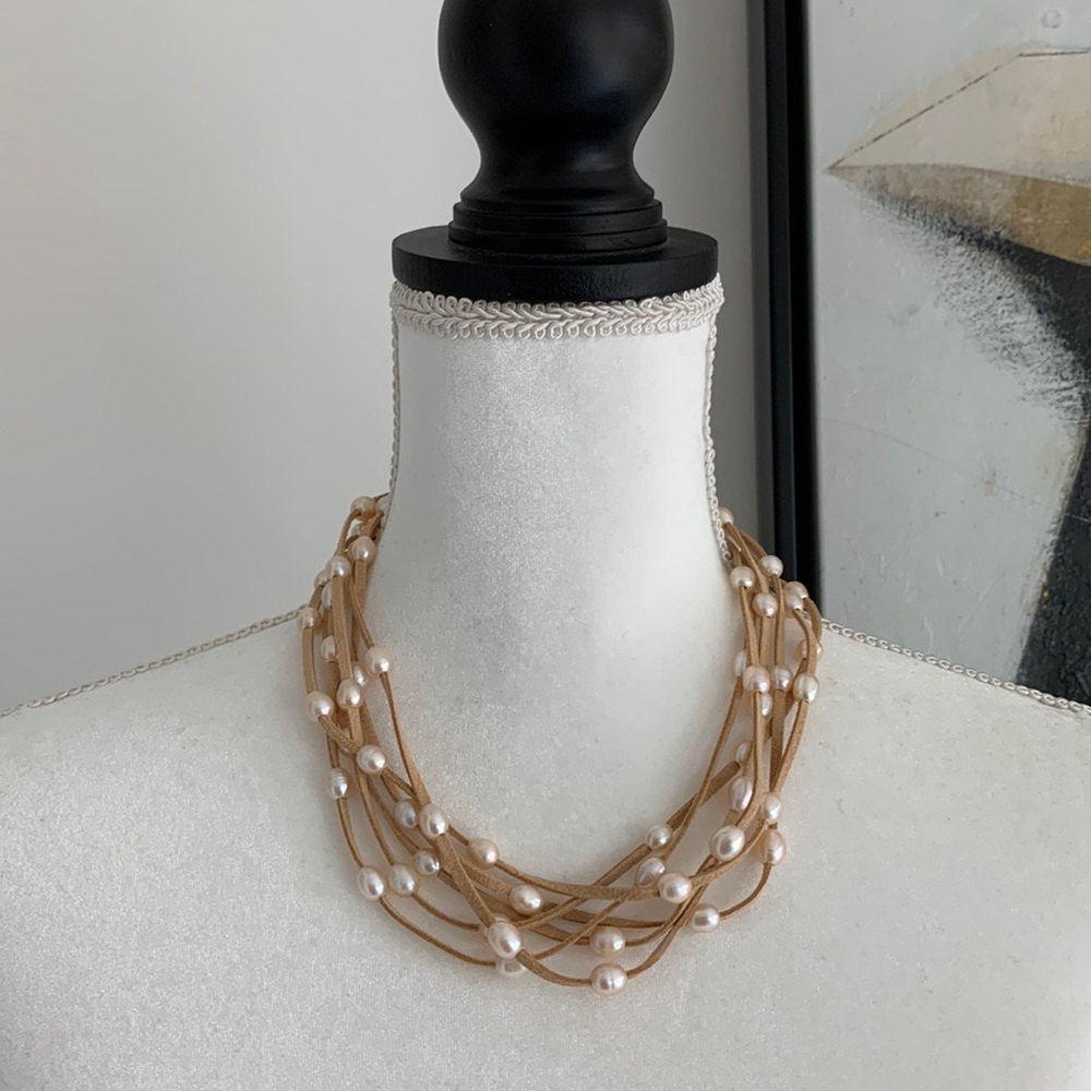 Multi strand suede and pearl necklace